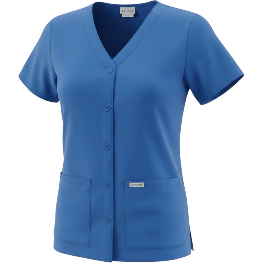 Landau Womens Royal Blue Snap Front V-Neck Scrub Top XS 8232 BEP